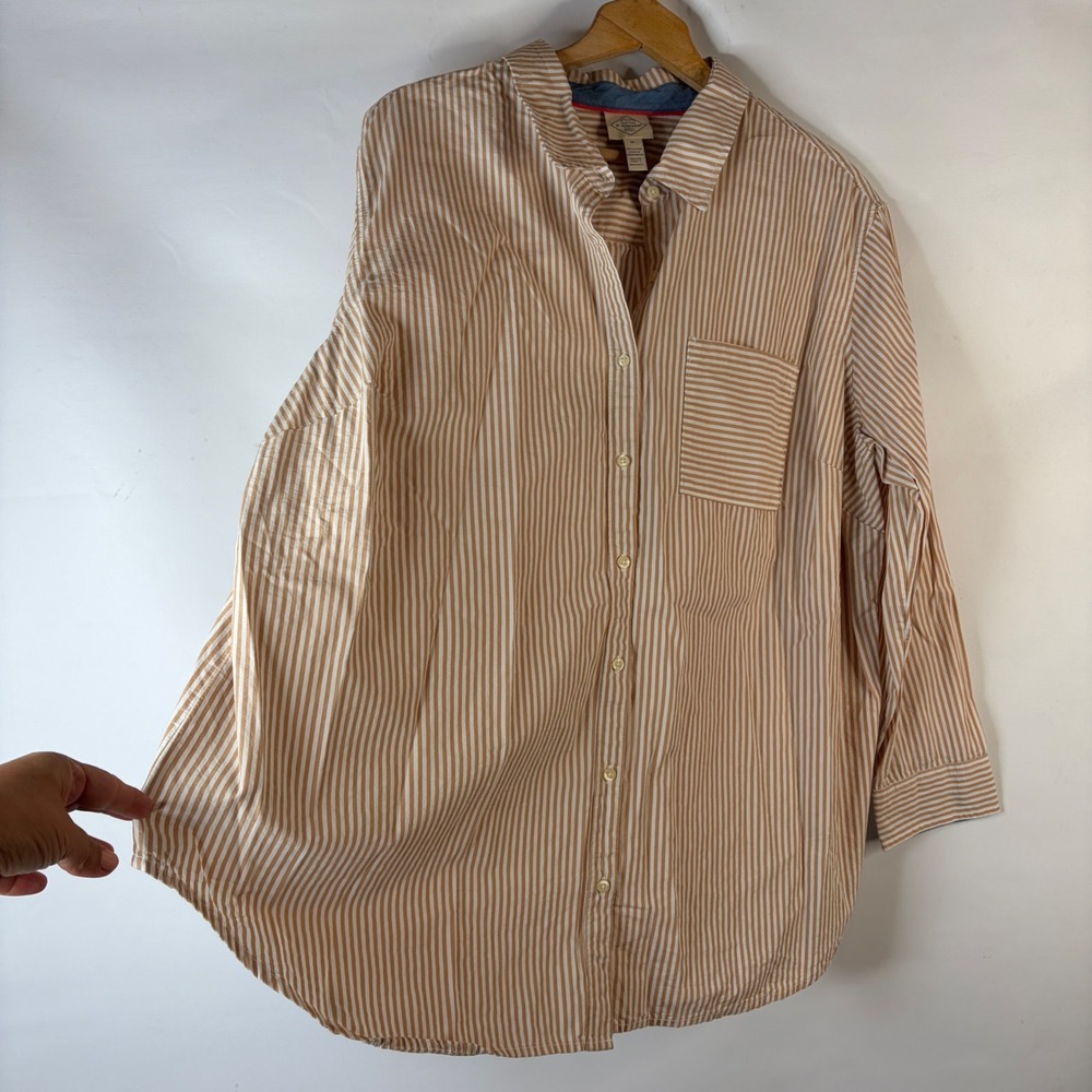 St. John's Bay Button Down Shirt Womens 1X Tan White Striped Cotton Long Sleeve - Picture 5 of 8